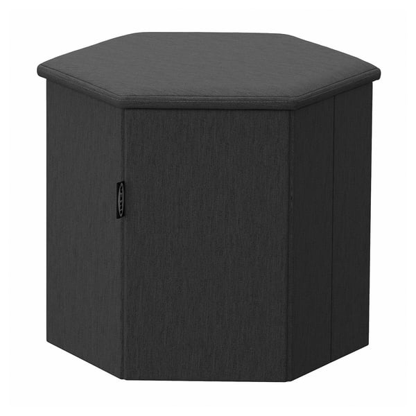 Hexagon-shaped grey storage ottoman with a fabric cover and single door. Modern, minimalist design.