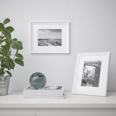 Minimalist shelf with framed landscape, plant, and glass sphere on books.