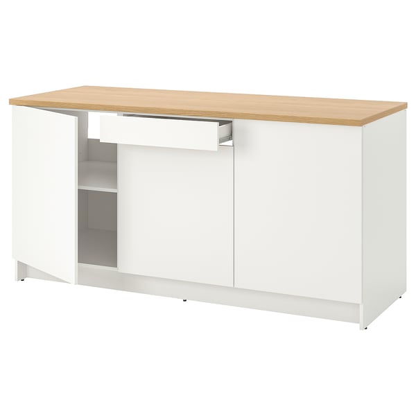 A white KNOXHULT kitchen unit with oak effect top, featuring a drawer and cabinets for storage.