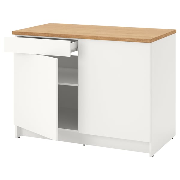 KNOXHULT white kitchen base unit with oak top, drawer, and cabinet. Modern and practical design for easy storage.