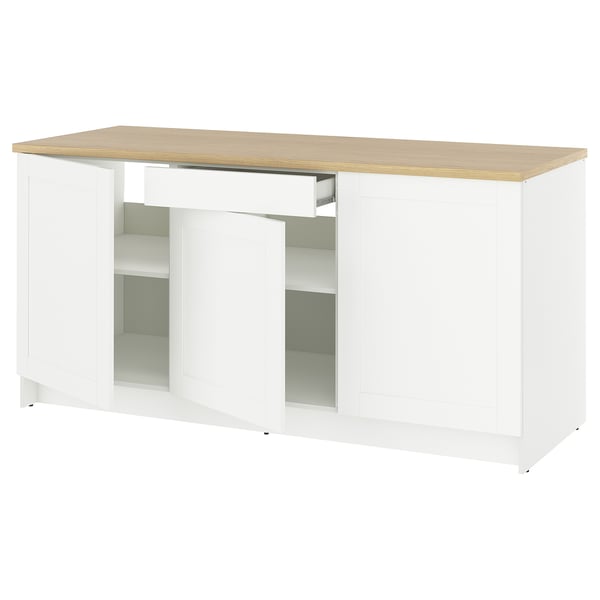 KNOXHULT white kitchen unit with oak top, scratch-resistant drawers, adjustable shelves, and a sink/tap cutout.
