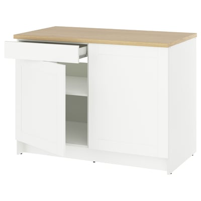 A white KNOXHULT kitchen unit with oak effect countertop, featuring a drawer and cabinet.
