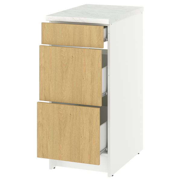 White KNOXHULT kitchen unit, 3 wooden drawers, marble top.