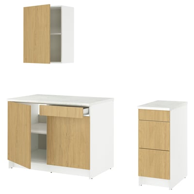 Modern kitchen set with white and light wood cabinets, including wall units, base units with doors and drawers, and a countertop.