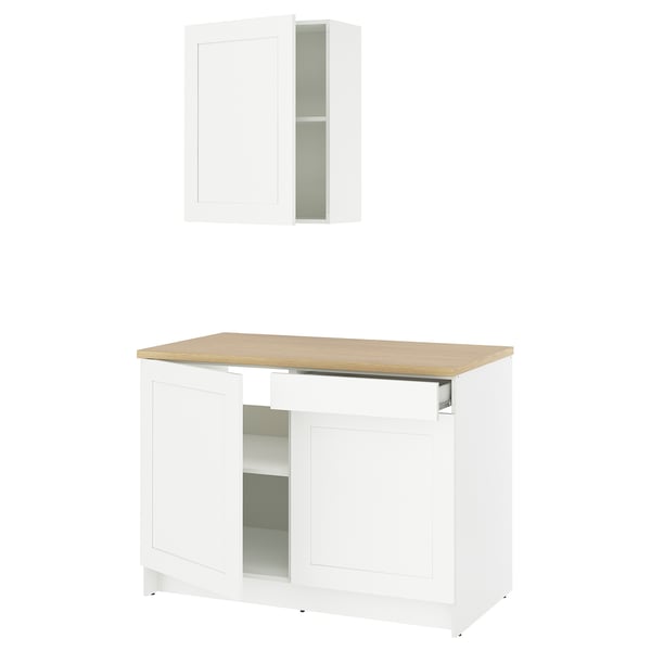 KNOXHULT white kitchen unit: base & wall cabinets, oak top, designado willow.