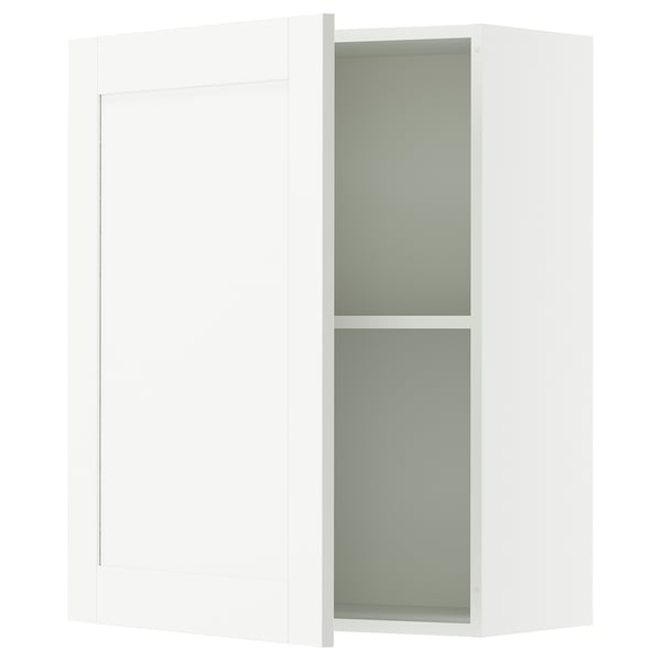 A white KNOXHULT wall cabinet with glass doors and sleek design.