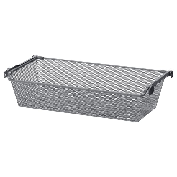 KOMPLEMENT mesh basket, grey, rectangular, metal handles, air circulation.