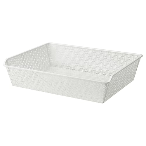 A white wire mesh basket named KOMPLEMENT, designed for storing clothes or accessories, with a modern circular pattern and sturdy steel base.