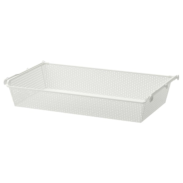 White metal mesh basket with handles for organising clothes, 10-year guarantee.