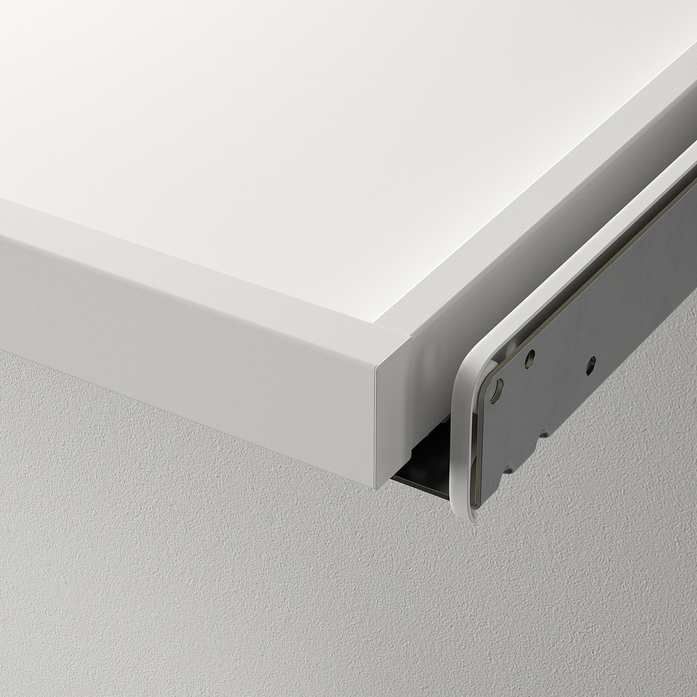 Close-up of a white, modern, high-quality wardrobe pull-out tray with metallic glide.