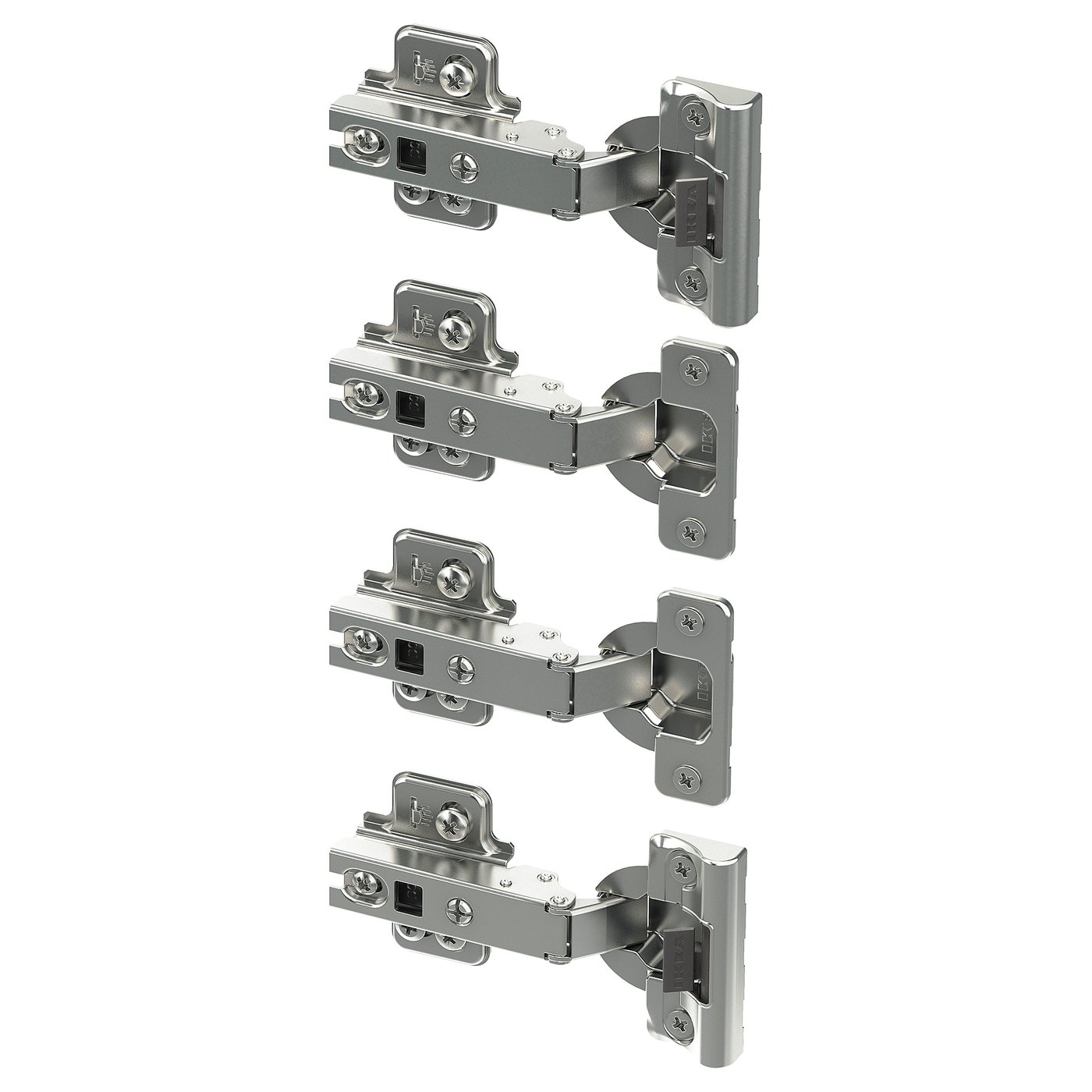 Four KOMPLEMENT metal hinges with nickel-plated steel in a vertical layout, featuring integrated dampers for slow closure.