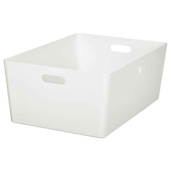 A white KUGGIS storage box with handles on three sides. It’s designed for storing bulk items and is made of recycled plastic.