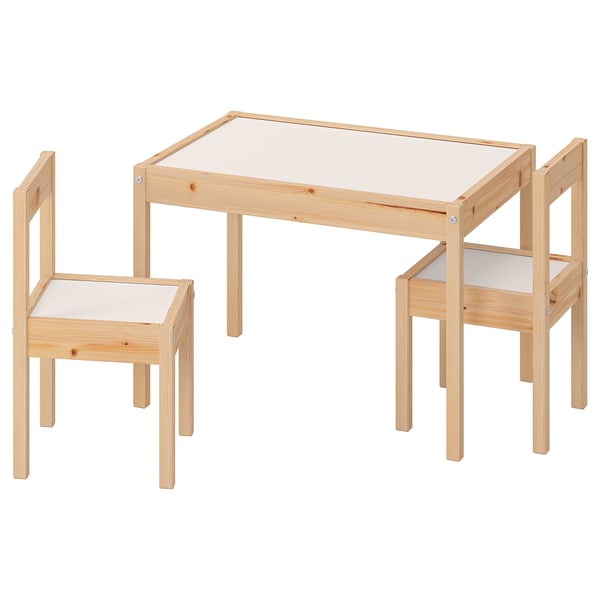 Latt childrens table and chairs set, light natural wood, wipe-clean surfaces, simple square design.