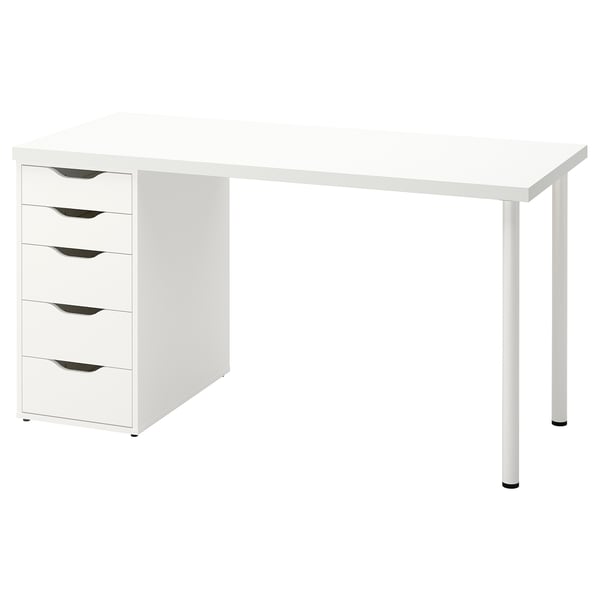A white LAGKAPTEN desk with five drawers, featuring a minimalist design and a rectangular shape, suitable for small spaces.