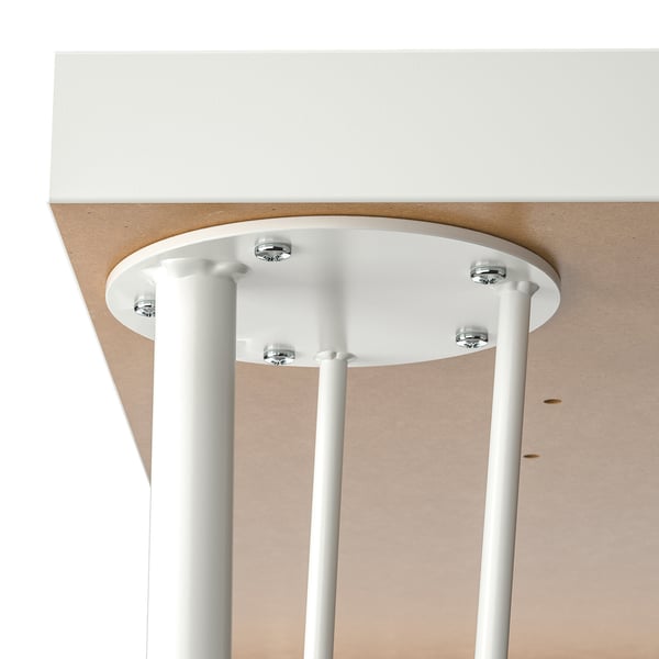 White table base with adjustable feet and pre-drilled holes.