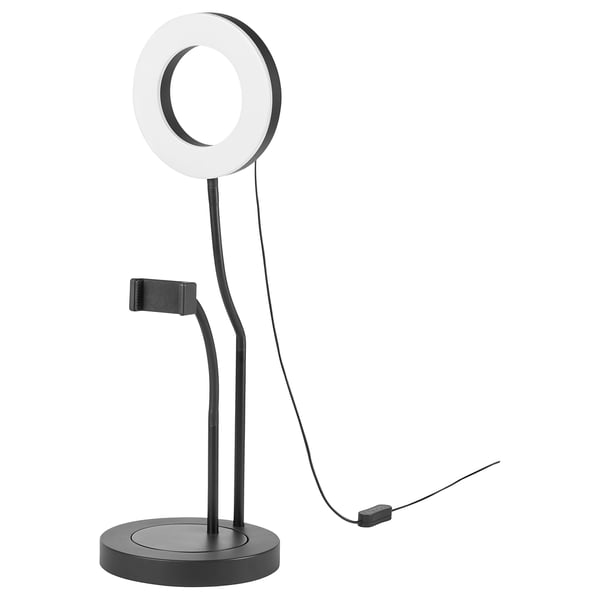 The LÅNESPELARE ring light stand in black with adjustable arm and phone holder.