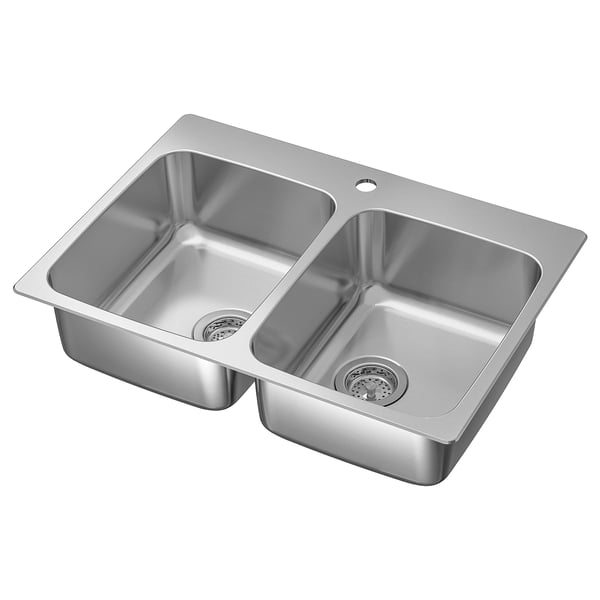 A LÅNGUDDEN stainless steel double basin kitchen sink. Its rectangular shape two bowls, designed for durability and easy cleaning.