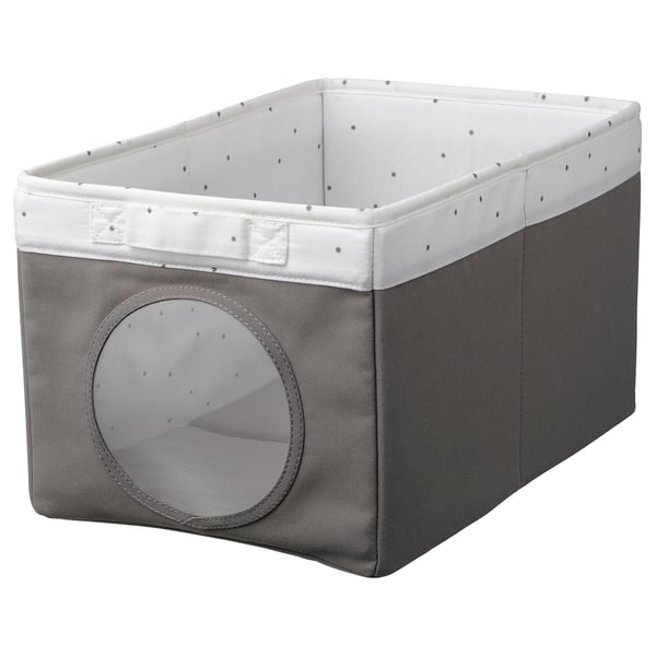 Recycled polyester storage box with mesh window for baby items.