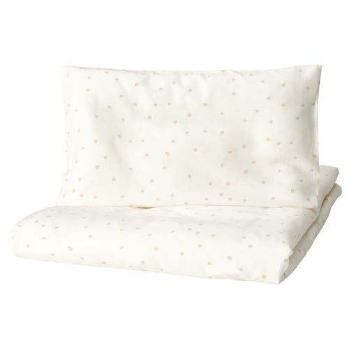 LEN Duvet cover 1 pillowcase for cot, white beige/dot pattern, 110x125/35x55 cm