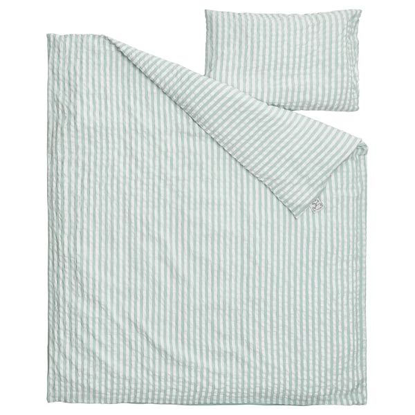 Set includes green and white striped duvet cover and pillowcase, zip closure, 50% organic cotton, and 50% viscose.