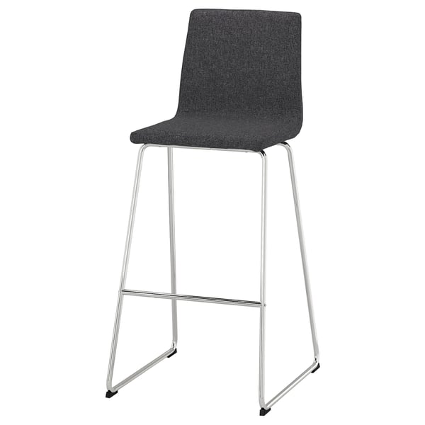A grey LILLÅNÄS bar stool with a chrome metal frame, upholstered seat, and footrest; modern design.