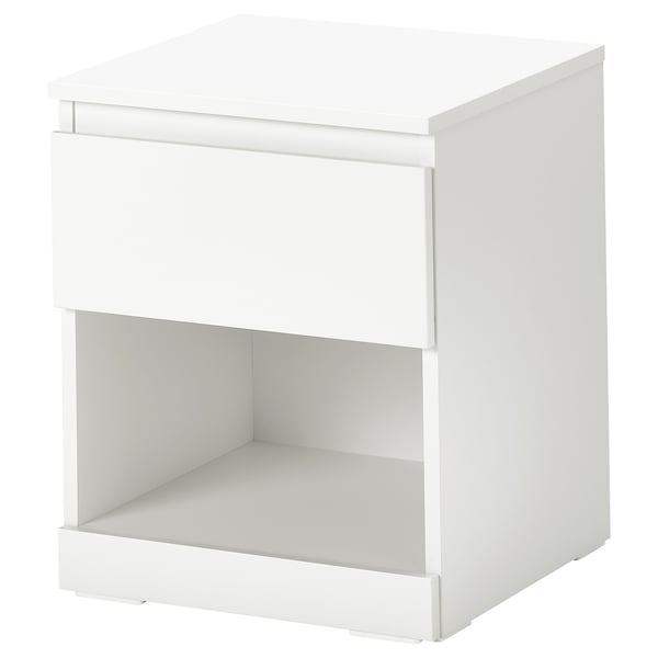 A white LILLBERGET bedside table with sleek design, featuring a drawer and open storage compartment.