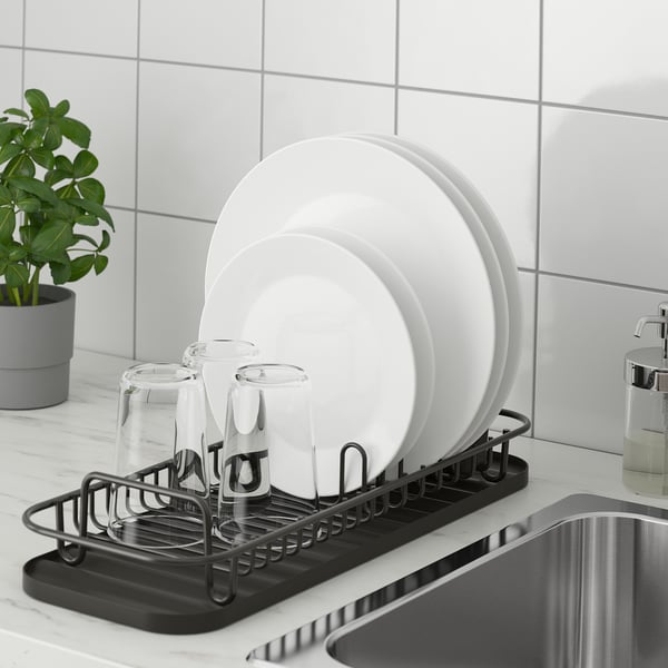 Kitchen dish rack LILLHAVET fits over sink or counter, dries plates, glasses, and cutlery. Black rack with 5 plate capacity.