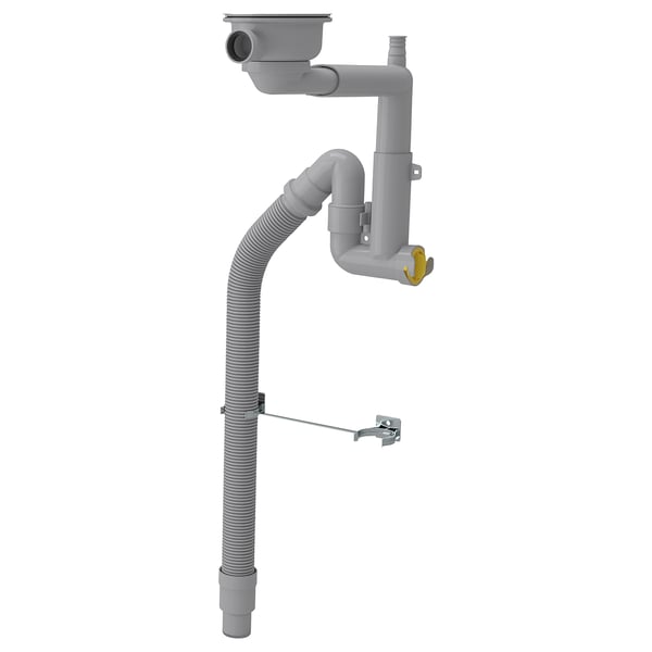 A grey LILLVIKEN bathroom drain system made of polypropylene, with a flex hose and stainless steel strainer.