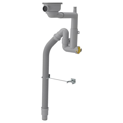 A grey LILLVIKEN bathroom drain system made of polypropylene, with a flex hose and stainless steel strainer.