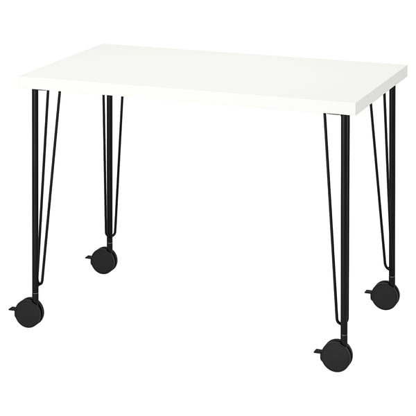 LINNMON white desk, modern, four black caster legs, adjustable, minimalist design.