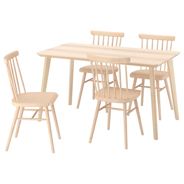 The LISABO dining set in natural wood. It includes a rectangular table and four matching chairs with spindle backs and concave seats.