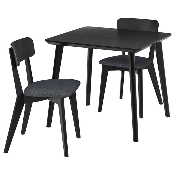 Black LISABO dining set with square table and two cushioned chairs.