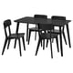 LISABO black dining table set, sleek scandinavian design. Four chairs with ash veneer and solid birch, high back support.