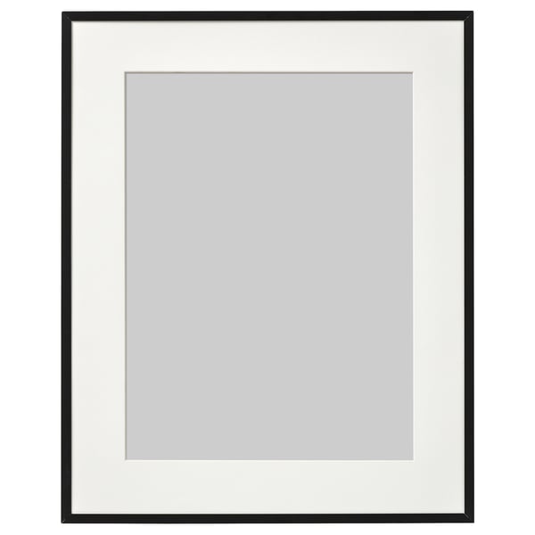 Black LOMVIKEN picture frame with white mat, aluminium & plastic, rectangular, simple design.