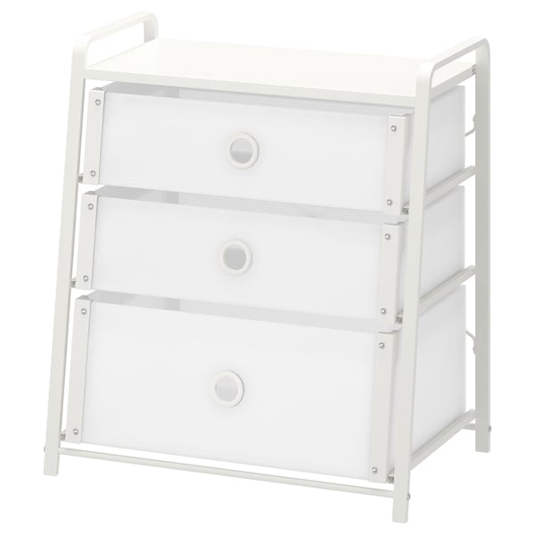 White LOTE chest with 3 drawers, metal frame, transparent fronts.