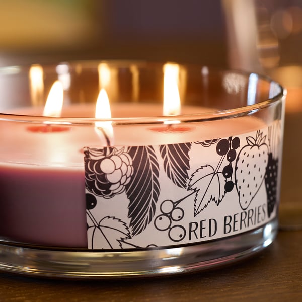 LOTSFÅGEL Scented candle/glass w lid/3 wicks, Red berries light pink, 25 hr