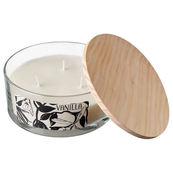 LOTSFÅGEL Scented candle/glass w lid/3 wicks, Vanilla pale beige, 25 hr