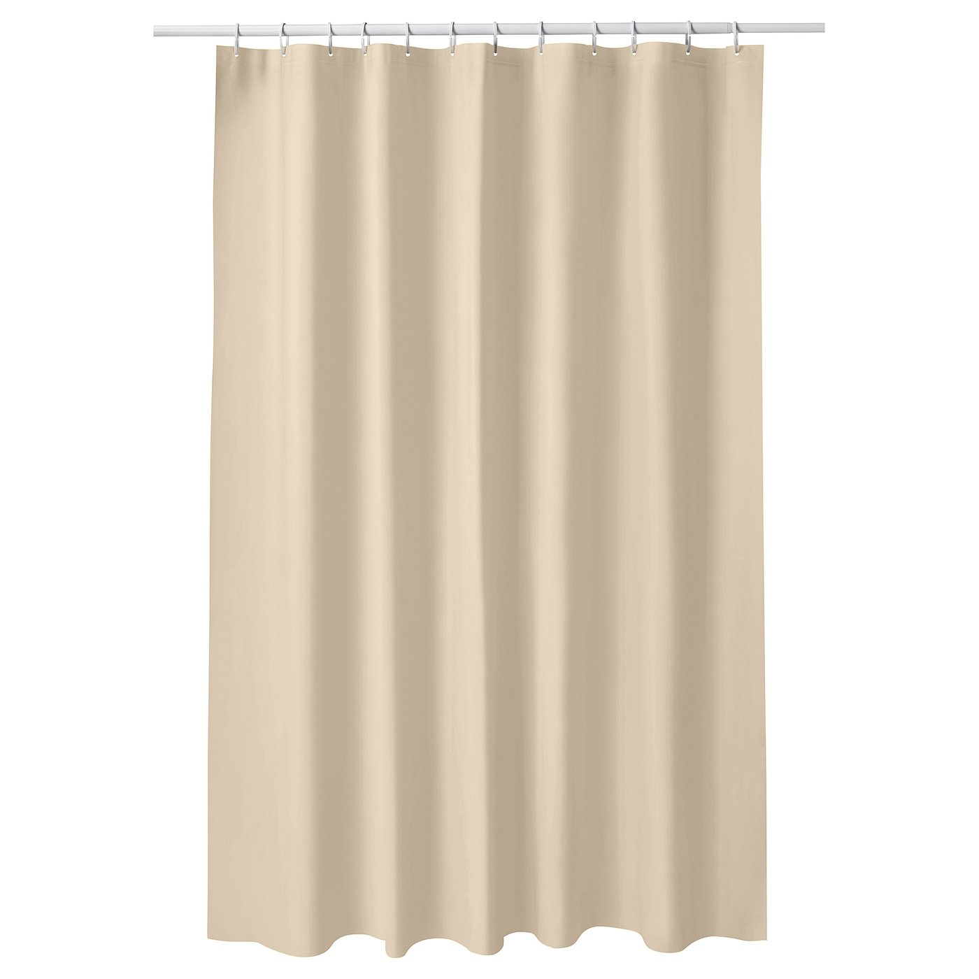 LUDDHAGTORN beige shower curtain. Simple, solid colour, rectangular, water-repellent eva plastic.
