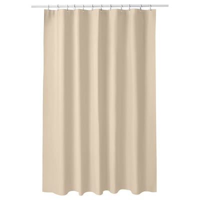 LUDDHAGTORN beige shower curtain. Simple, solid colour, rectangular, water-repellent eva plastic.