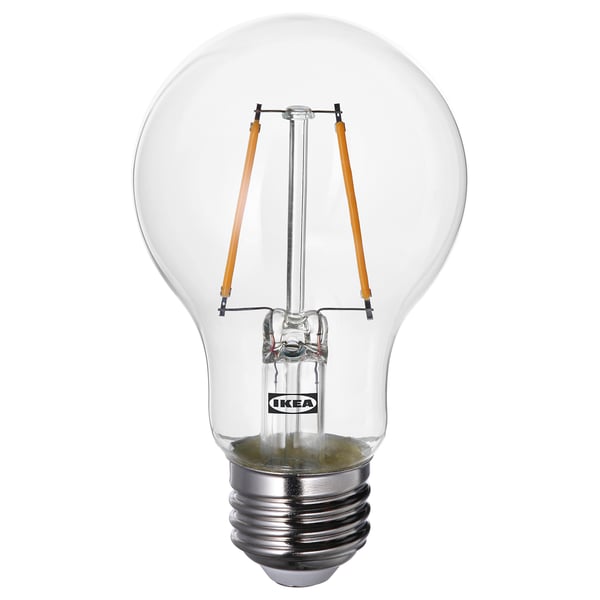 Ikea LUNNOM light bulb, clear glass, warm white led, retro style with visible filaments.