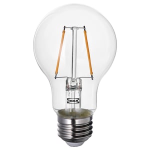 Ikea LUNNOM light bulb, clear glass, warm white led, retro style with visible filaments.
