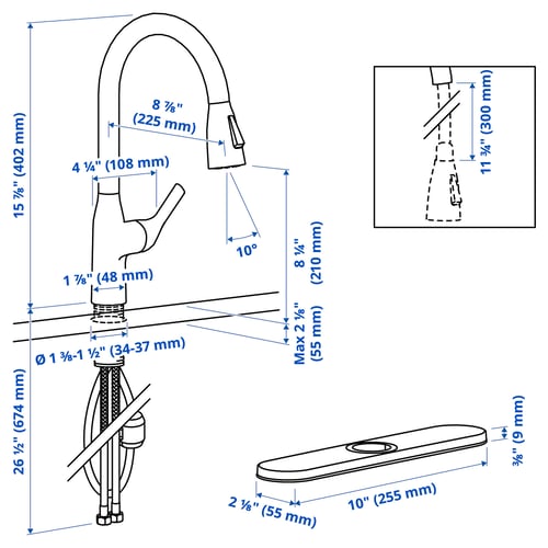 MACKSJÖN Kitchen mixer tap pull down w spray, black