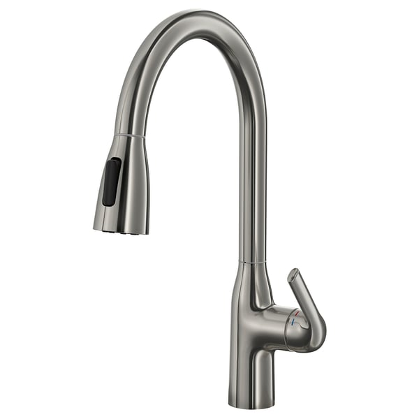 Stainless steel kitchen tap with high-arc gooseneck, pull-down spray, and two-function spray head, designed for efficient cleaning and food prep.