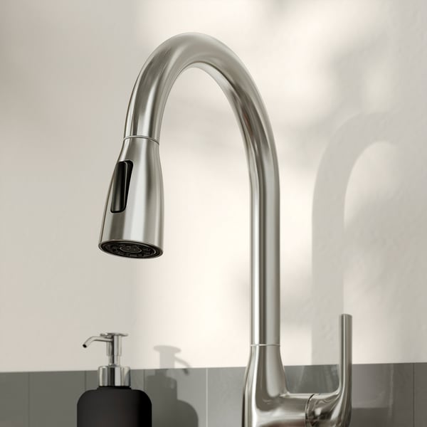 Modern, high-arc kitchen tap with pull-down sprayer, featuring sleek metallic finish and ergonomic design.