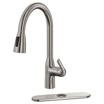 MACKSJÖN stainless steel kitchen tap, high arc, pull-down spray head.
