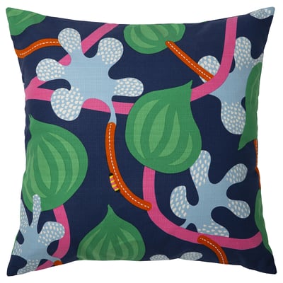 MÄVINN pillow - navy blue with green, pink, orange leaves, cotton