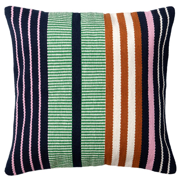 Handwoven striped throw pillow, colourful, cotton mix. Rectangle shape with zip closure.