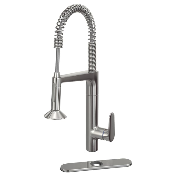 A silver MAJSJÖN kitchen tap with a curved, spring-style spout and a single handle. Its made of stainless steel and zinc.