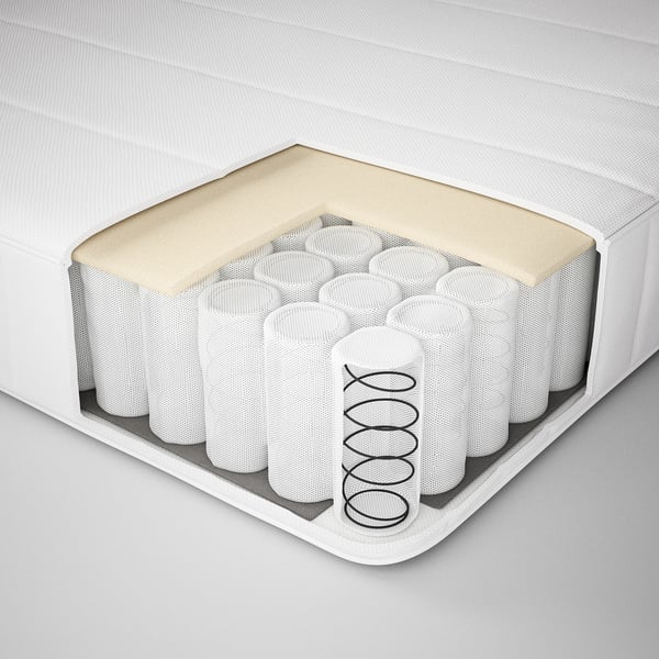 Mattress cross-section shows springs, foam, and fabric layers.