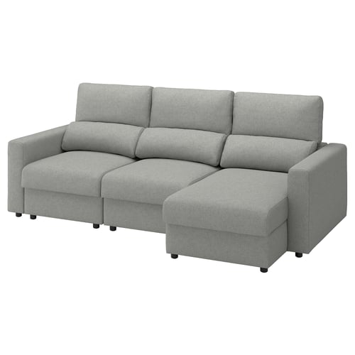 New grey MALMKÖPING sofa with l-shaped chaise. Modern comfort design, light grey fabric, clean lines.